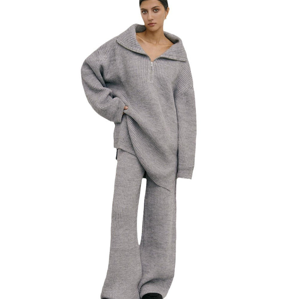 Half Zipper Sweaters Slouch Trousers Two-piece Set