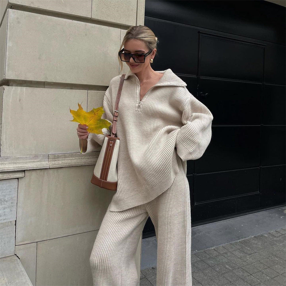 Half Zipper Sweaters Slouch Trousers Two-piece Set