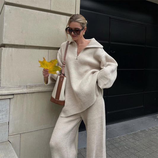 Half Zipper Sweaters Slouch Trousers Two-piece Set