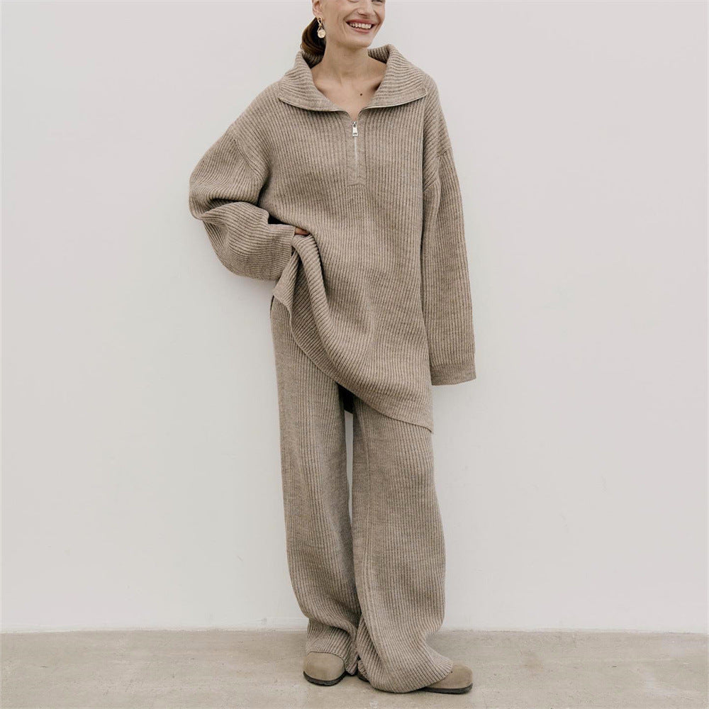 Half Zipper Sweaters Slouch Trousers Two-piece Set