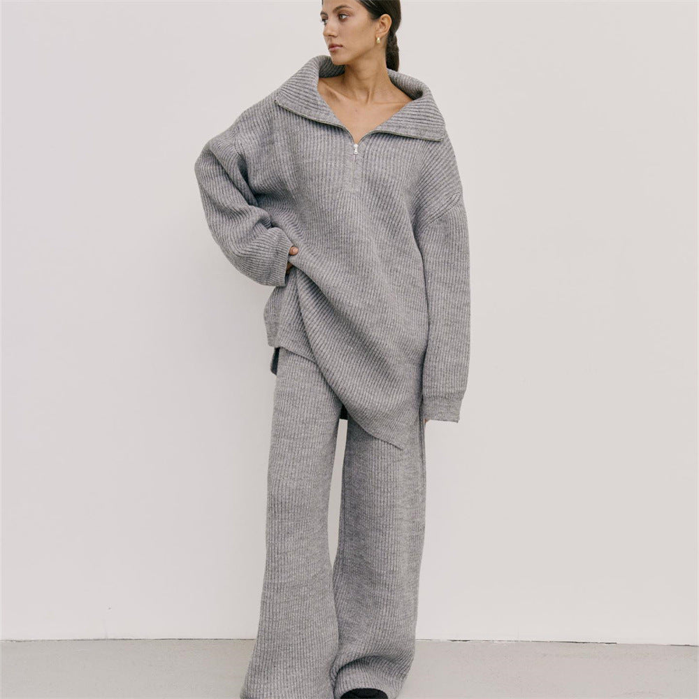 Half Zipper Sweaters Slouch Trousers Two-piece Set